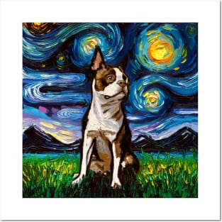 Brown Boston Terrier Night Posters and Art